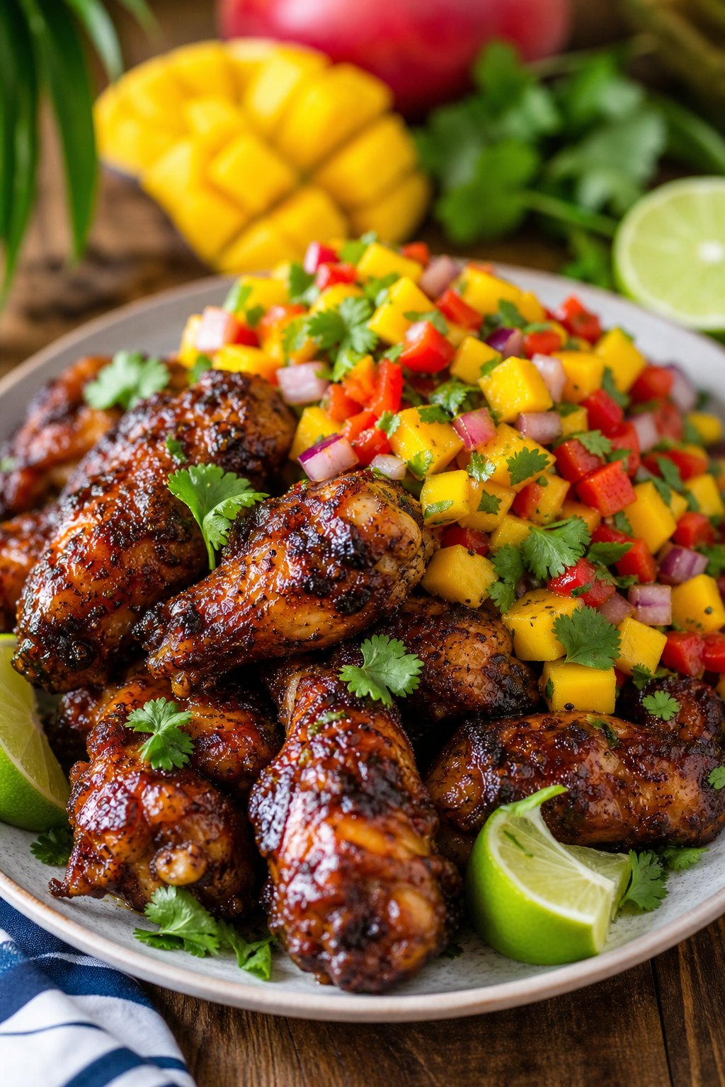A plate of Jamaican jerk chicken wings with mango salsa, garnished with lime wedges and fresh herbs on a wooden table.