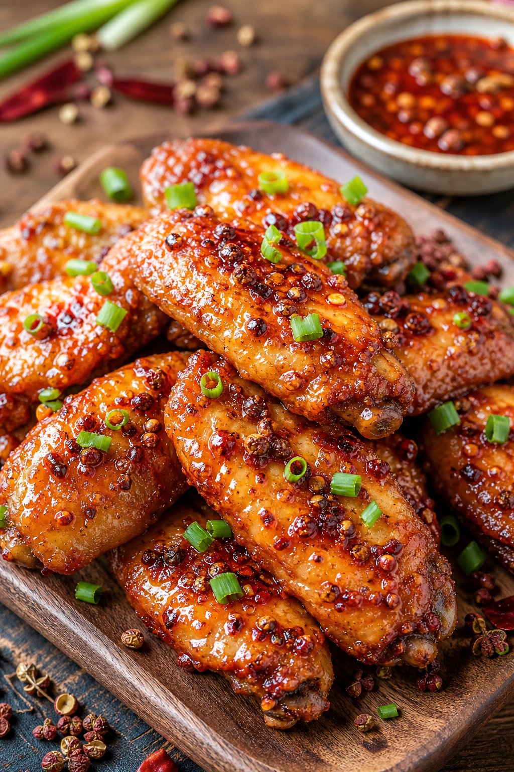 A plate of spicy Szechuan peppercorn chicken wings garnished with scallions and accompanied by a small bowl of dipping sauce.