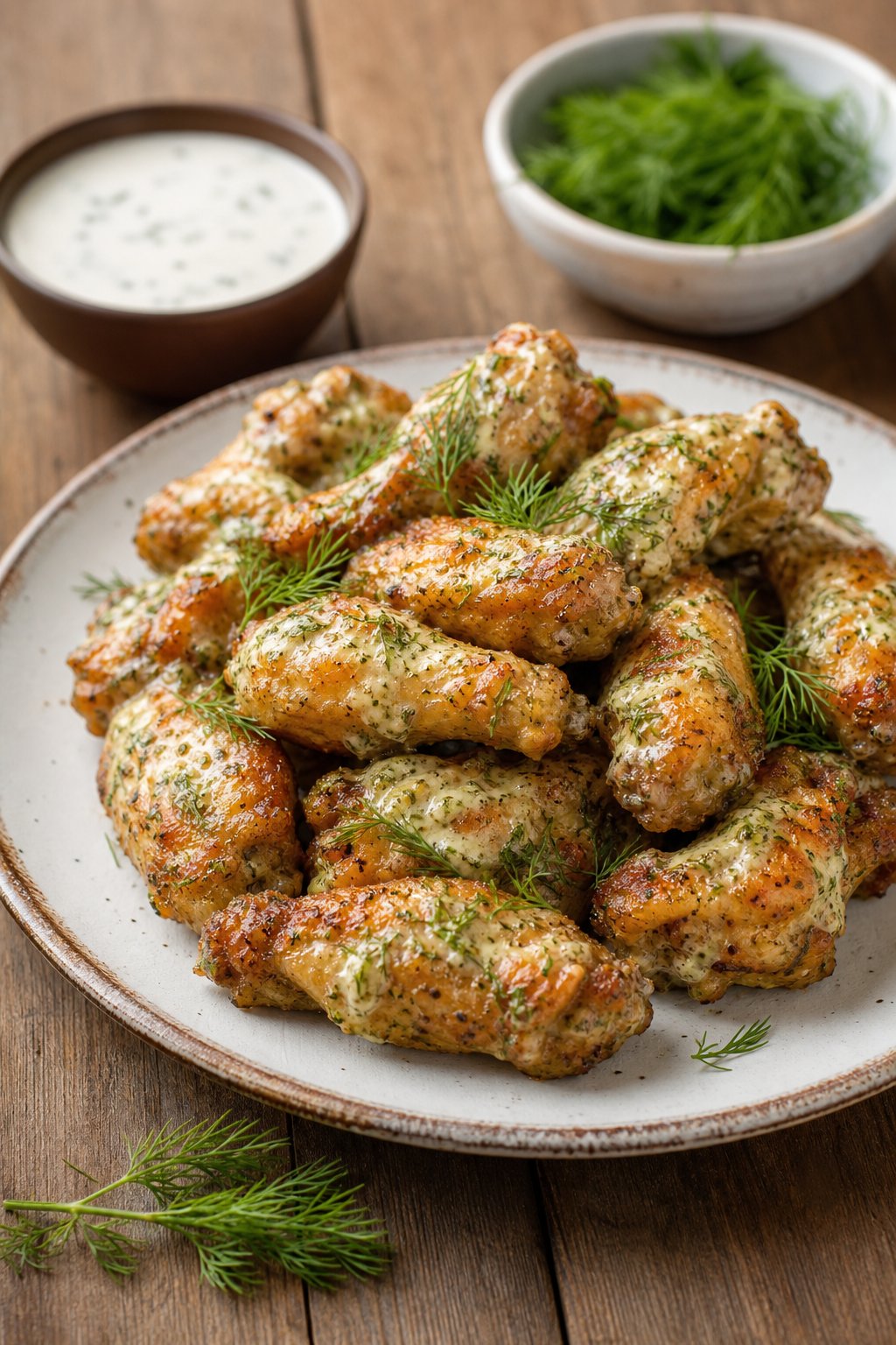 A plate of golden brown chicken wings coated with ranch seasoning and garnished with fresh dill on a wooden table.