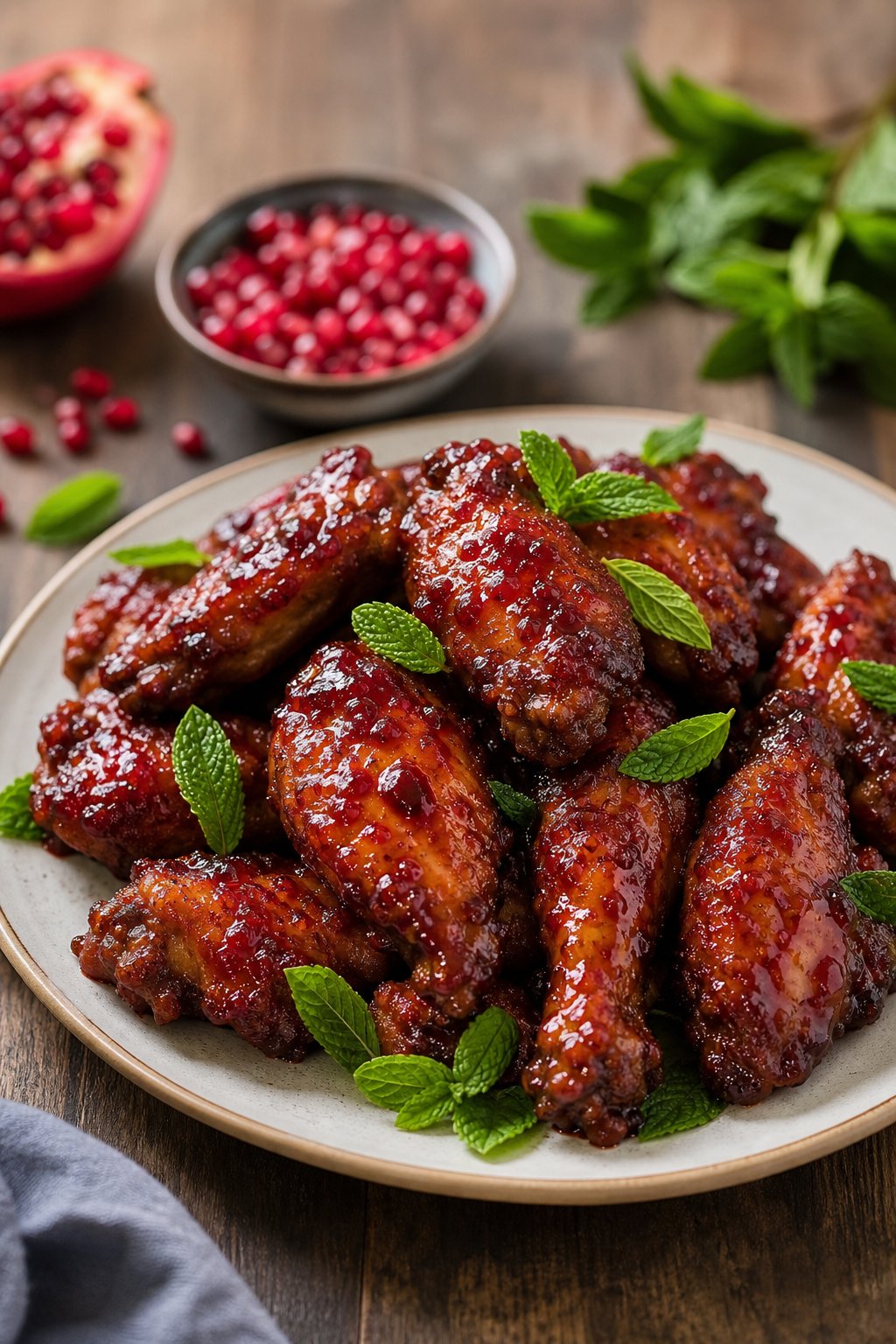 Close-up of glazed chicken wings garnished with fresh mint leaves on a plate.