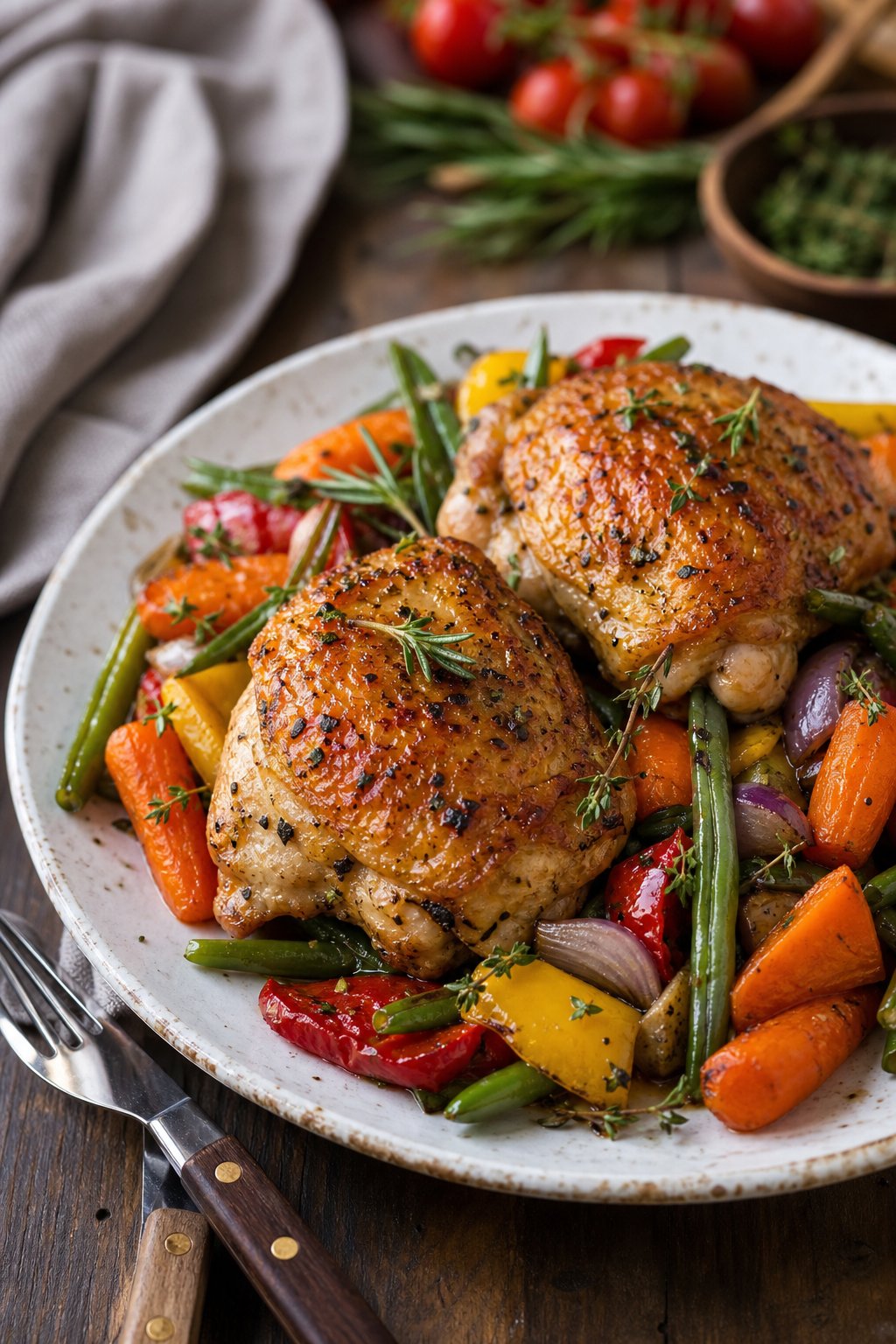 25 Irresistible Chicken Thigh Recipes That Will Make Your Dinner a Hit! 2 A plate of roasted chicken thighs with fresh herbs and colorful roasted vegetables on a wooden table.