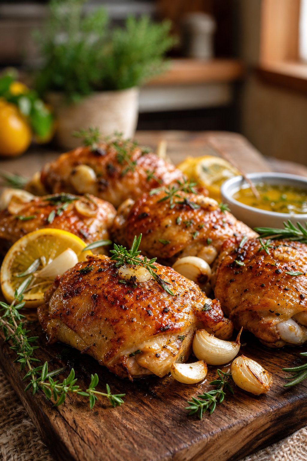 25 Irresistible Chicken Thigh Recipes That Will Make Your Dinner a Hit! 3 A plate of crispy oven-baked lemon garlic chicken thighs garnished with lemon slices, garlic cloves, and fresh herbs.