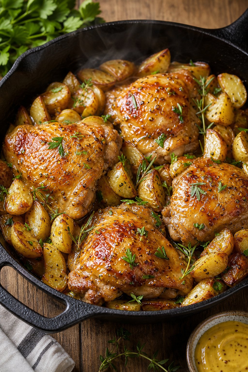 25 Irresistible Chicken Thigh Recipes That Will Make Your Dinner a Hit! 4 A skillet with honey mustard glazed chicken thighs and roasted potatoes garnished with herbs on a wooden table.
