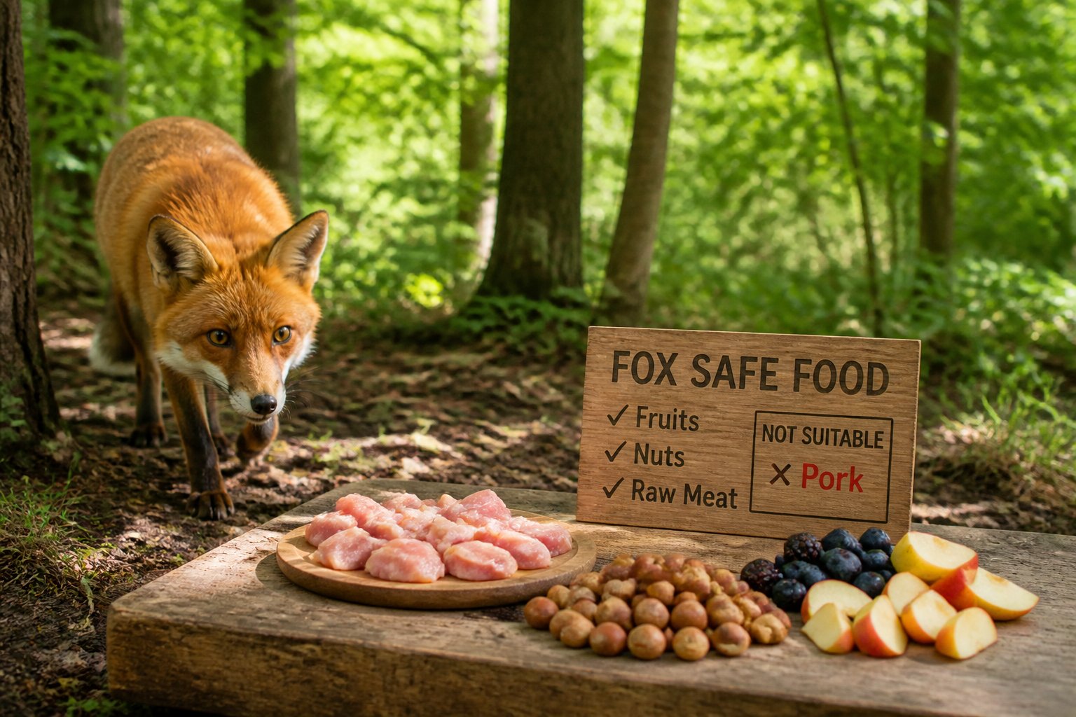 A wild fox cautiously approaching a natural feeding area in a green woodland during daylight.