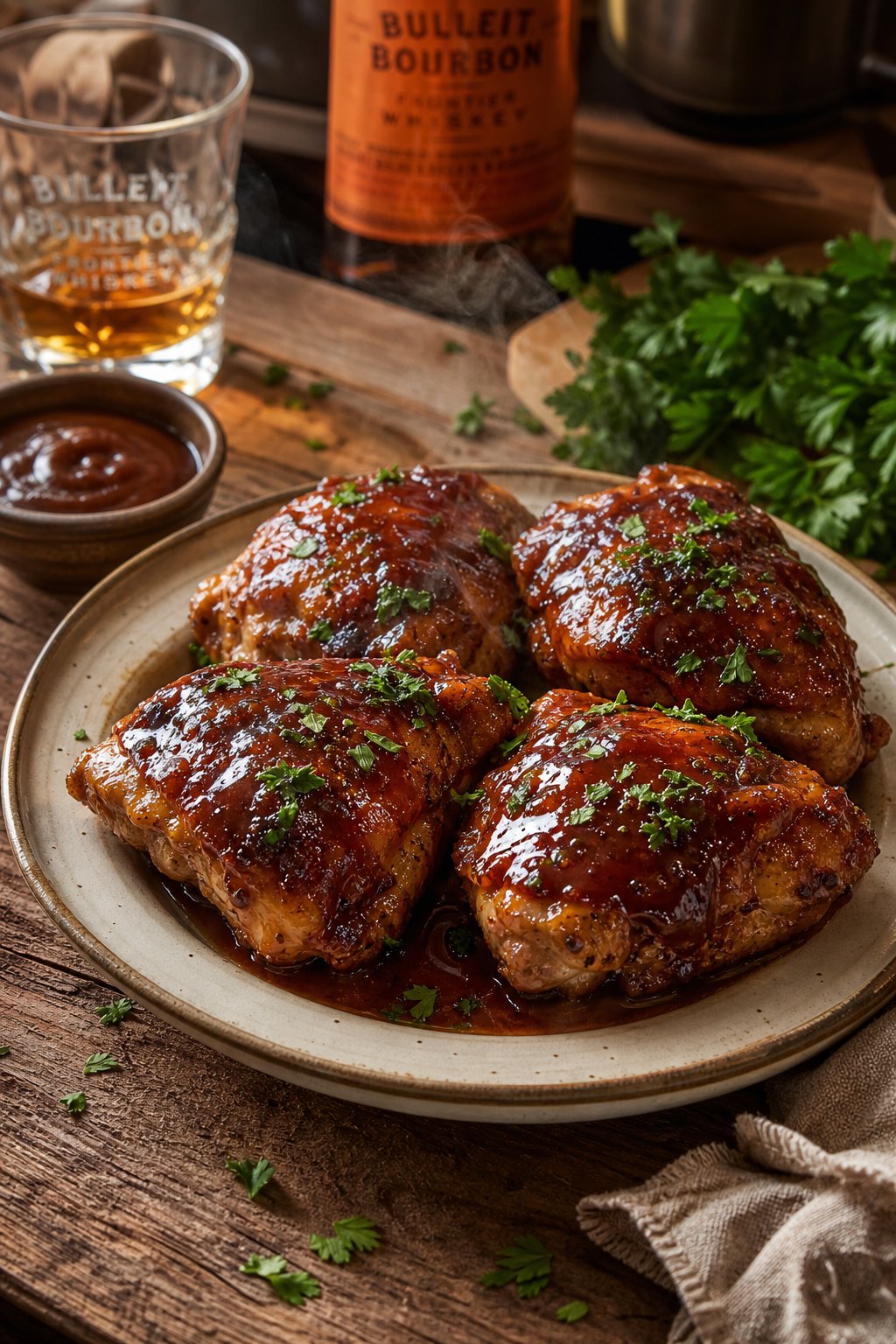 25 Irresistible Chicken Thigh Recipes That Will Make Your Dinner a Hit! 5 A plate of glazed BBQ bourbon chicken thighs garnished with parsley on a rustic table with a small bowl of sauce and a glass of bourbon nearby.