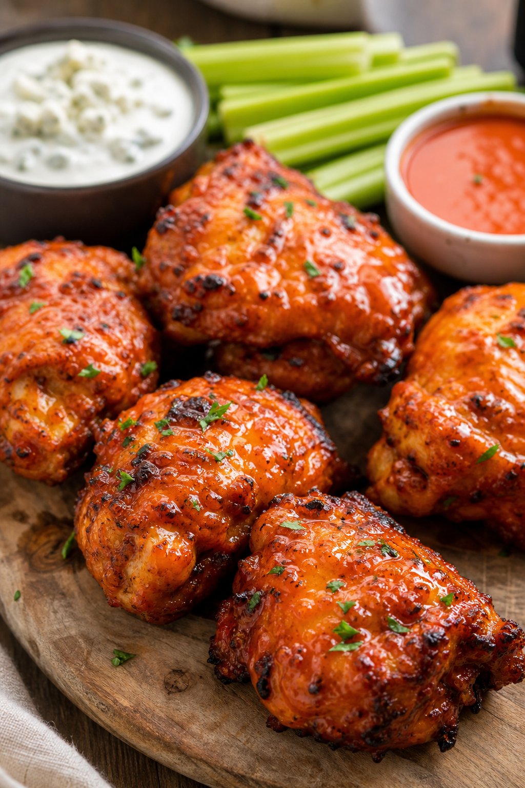 25 Irresistible Chicken Thigh Recipes That Will Make Your Dinner a Hit! 6 Close-up of crispy buffalo chicken thighs on a wooden board with celery sticks and dipping sauces.