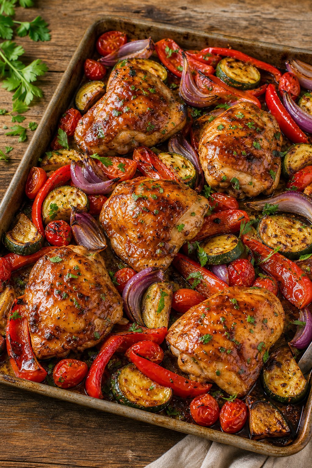25 Irresistible Chicken Thigh Recipes That Will Make Your Dinner a Hit! 8 Sheet pan with BBQ ranch chicken thighs and roasted vegetables on a wooden table.