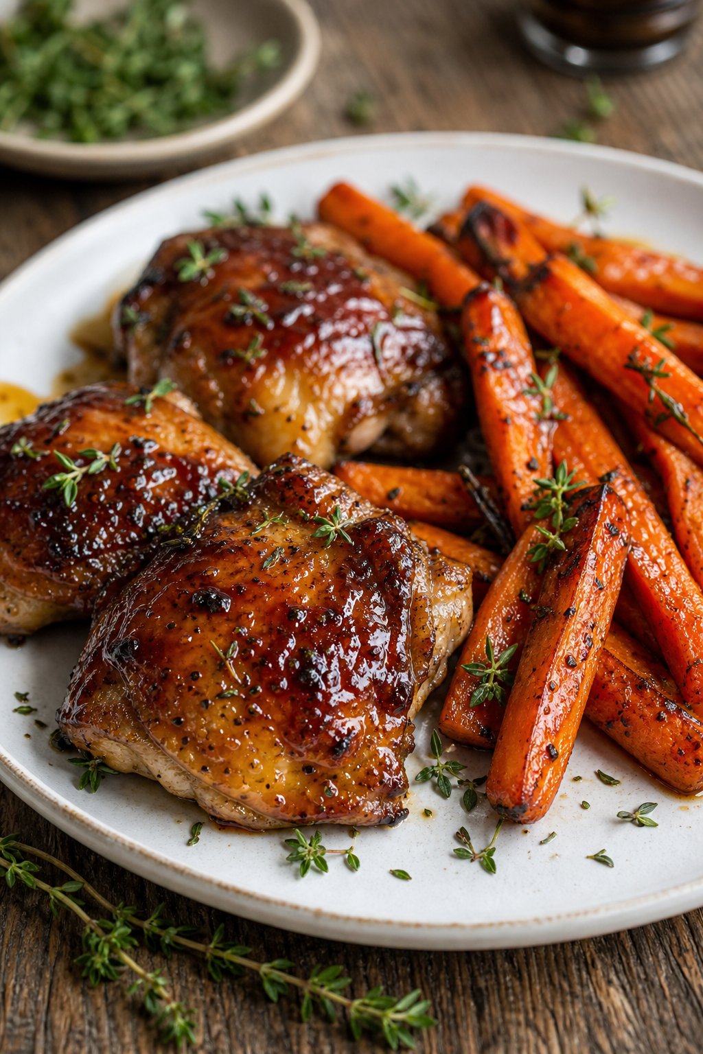 25 Irresistible Chicken Thigh Recipes That Will Make Your Dinner a Hit! 9 A plate of maple-soy glazed chicken thighs served with roasted carrots on a wooden table.