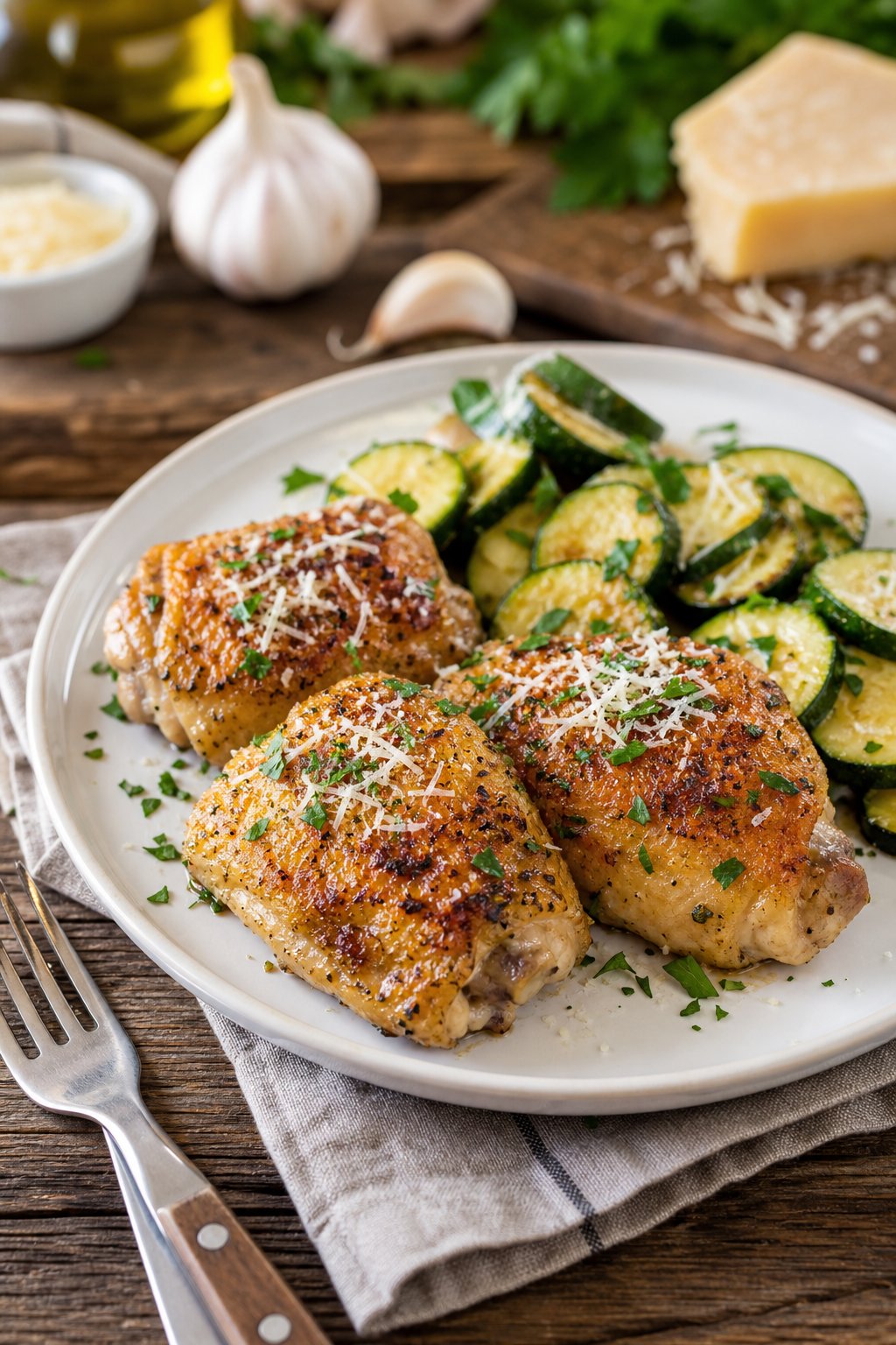 25 Irresistible Chicken Thigh Recipes That Will Make Your Dinner a Hit! 10 A plate with golden brown garlic parmesan chicken thighs served with sautéed zucchini on a wooden table.