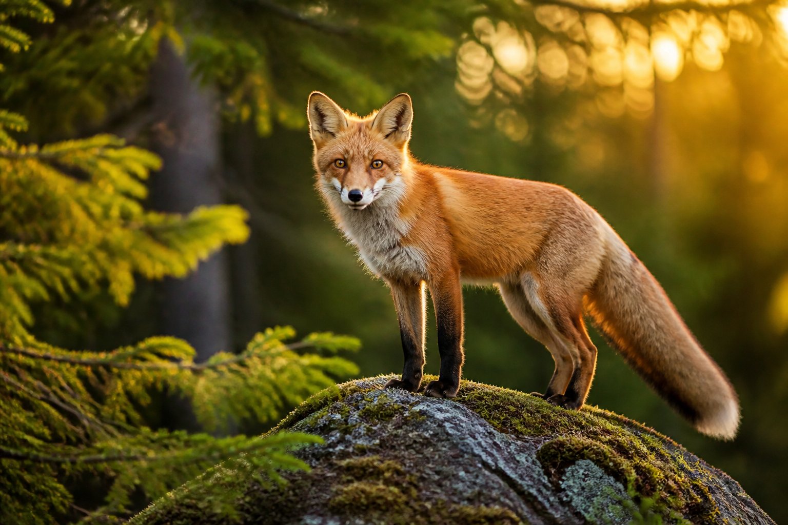 A red fox standing on a mossy rock in a forest with sunlight filtering through the trees.