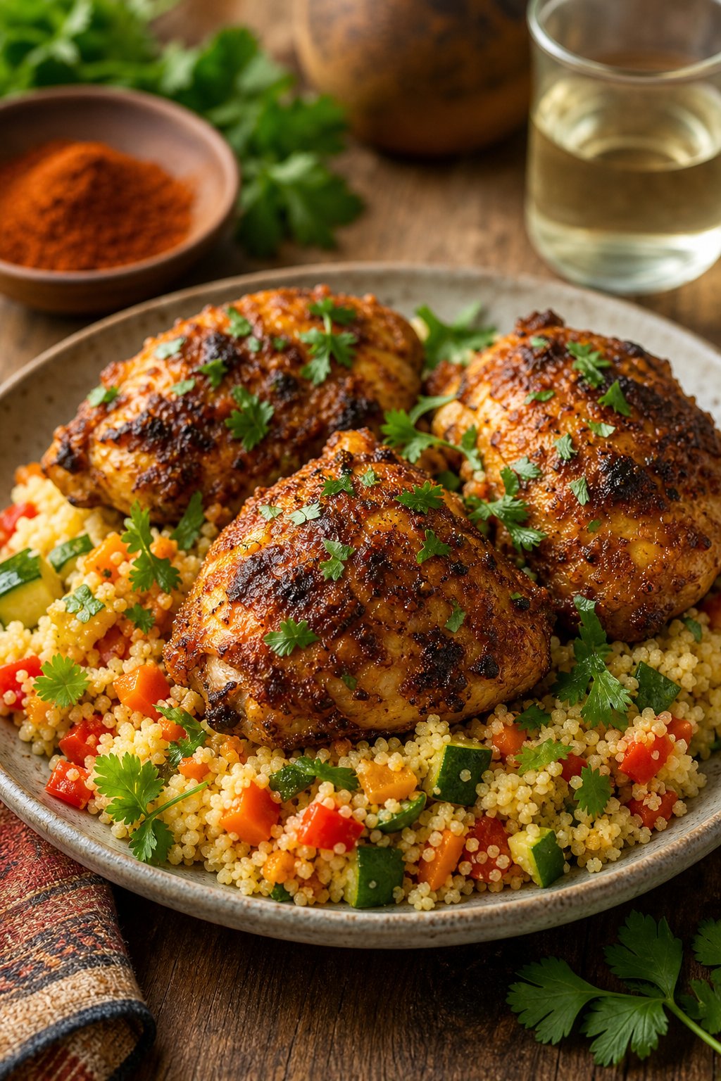 25 Irresistible Chicken Thigh Recipes That Will Make Your Dinner a Hit! 11 A plate of Moroccan-spiced chicken thighs served with couscous and garnished with fresh herbs on a wooden table.