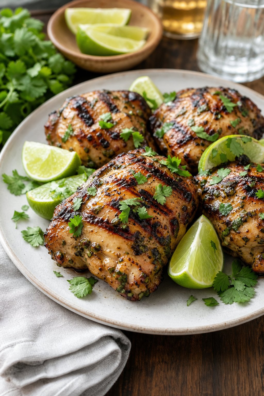 25 Irresistible Chicken Thigh Recipes That Will Make Your Dinner a Hit! 12 A plate of grilled chicken thighs garnished with fresh cilantro and lime wedges on a wooden table.