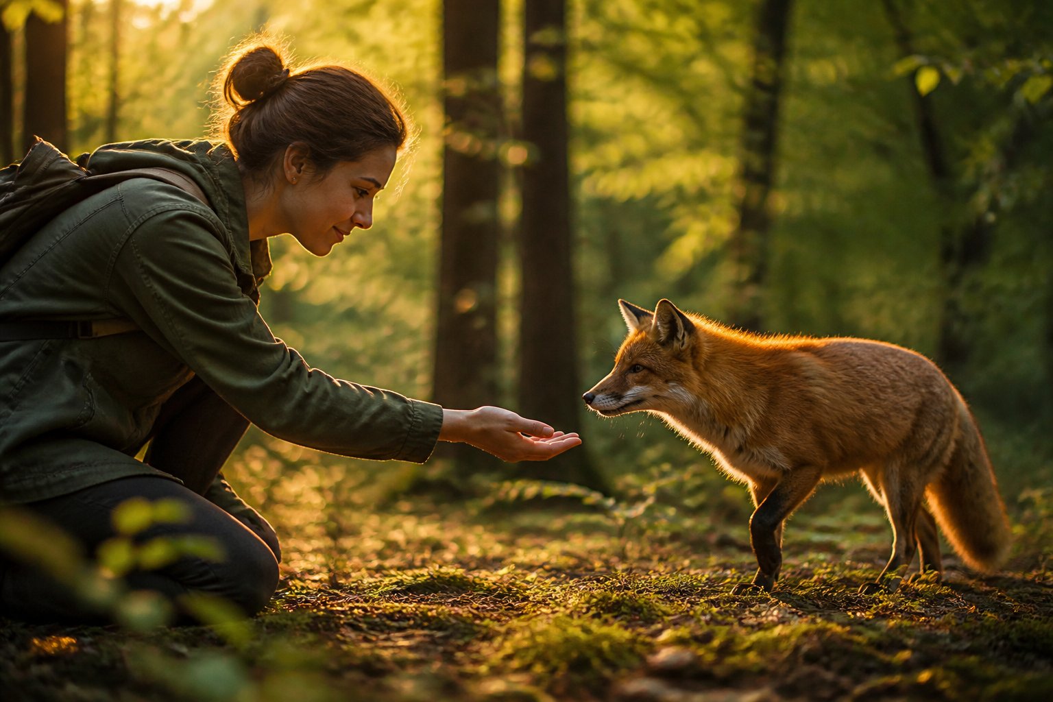 A person gently reaching out to a red fox in a sunlit forest, showing a calm and curious interaction between them.