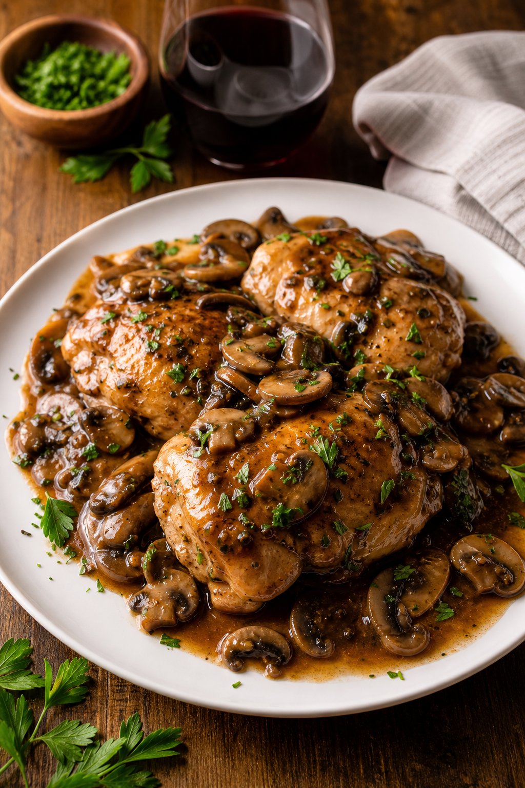 25 Irresistible Chicken Thigh Recipes That Will Make Your Dinner a Hit! 13 Plate of golden brown chicken thighs covered in mushroom Marsala sauce, garnished with parsley, on a wooden table with a glass of red wine nearby.
