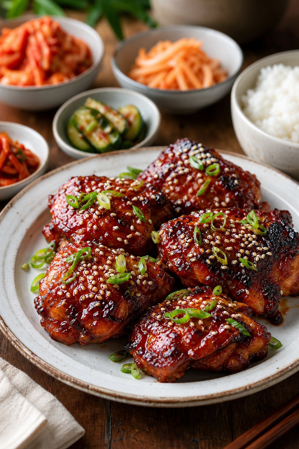 25 Irresistible Chicken Thigh Recipes That Will Make Your Dinner a Hit! 14 A plate of sticky Korean gochujang chicken thighs garnished with green onions and sesame seeds, served with bowls of kimchi, pickled vegetables, and steamed rice on a wooden table.