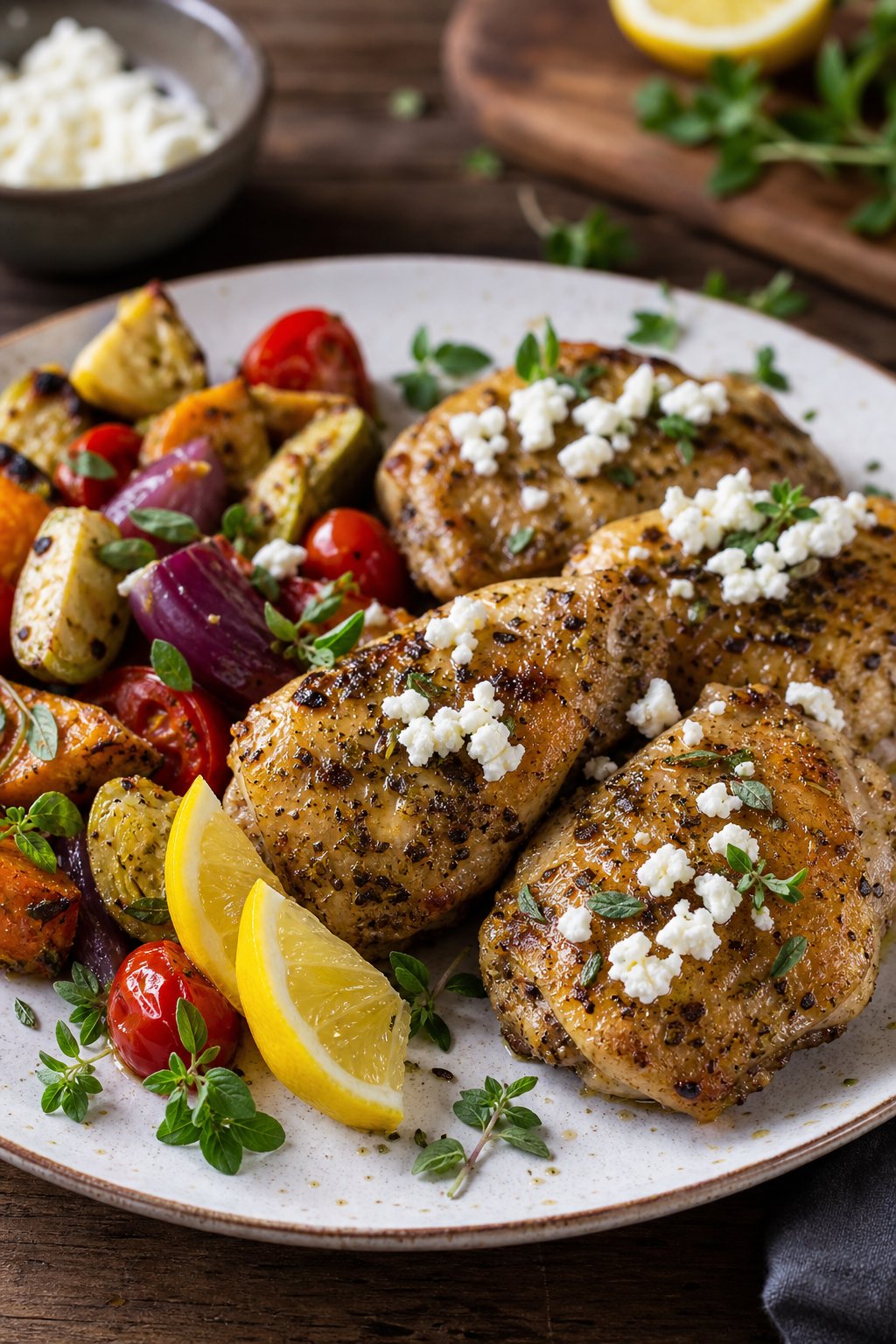 25 Irresistible Chicken Thigh Recipes That Will Make Your Dinner a Hit! 15 A plate of golden brown Greek lemon oregano chicken thighs topped with crumbled feta cheese and garnished with lemon wedges and fresh oregano, served with roasted vegetables.