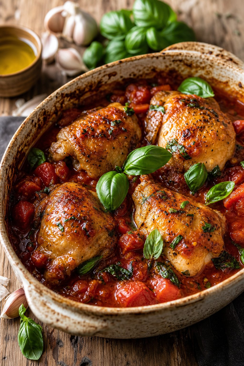 25 Irresistible Chicken Thigh Recipes That Will Make Your Dinner a Hit! 16 A pot of braised chicken thighs cooked in tomato sauce with fresh basil leaves on a wooden table.