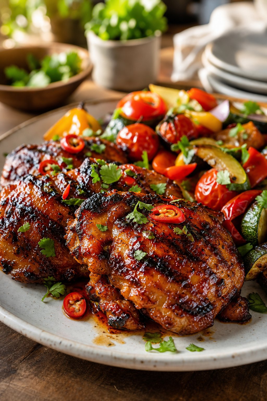 25 Irresistible Chicken Thigh Recipes That Will Make Your Dinner a Hit! 17 A plate of glazed smoky chipotle honey chicken thighs garnished with herbs and red chili slices, served with roasted vegetables.