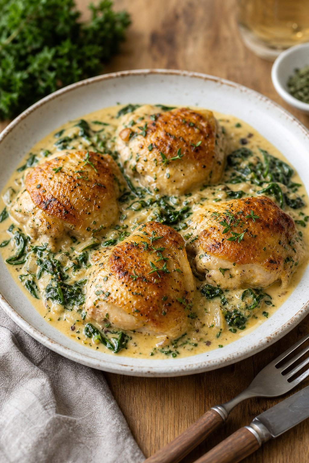 25 Irresistible Chicken Thigh Recipes That Will Make Your Dinner a Hit! 18 A plate of baked chicken thighs covered in creamy Dijon sauce with spinach, garnished with fresh herbs on a wooden table.