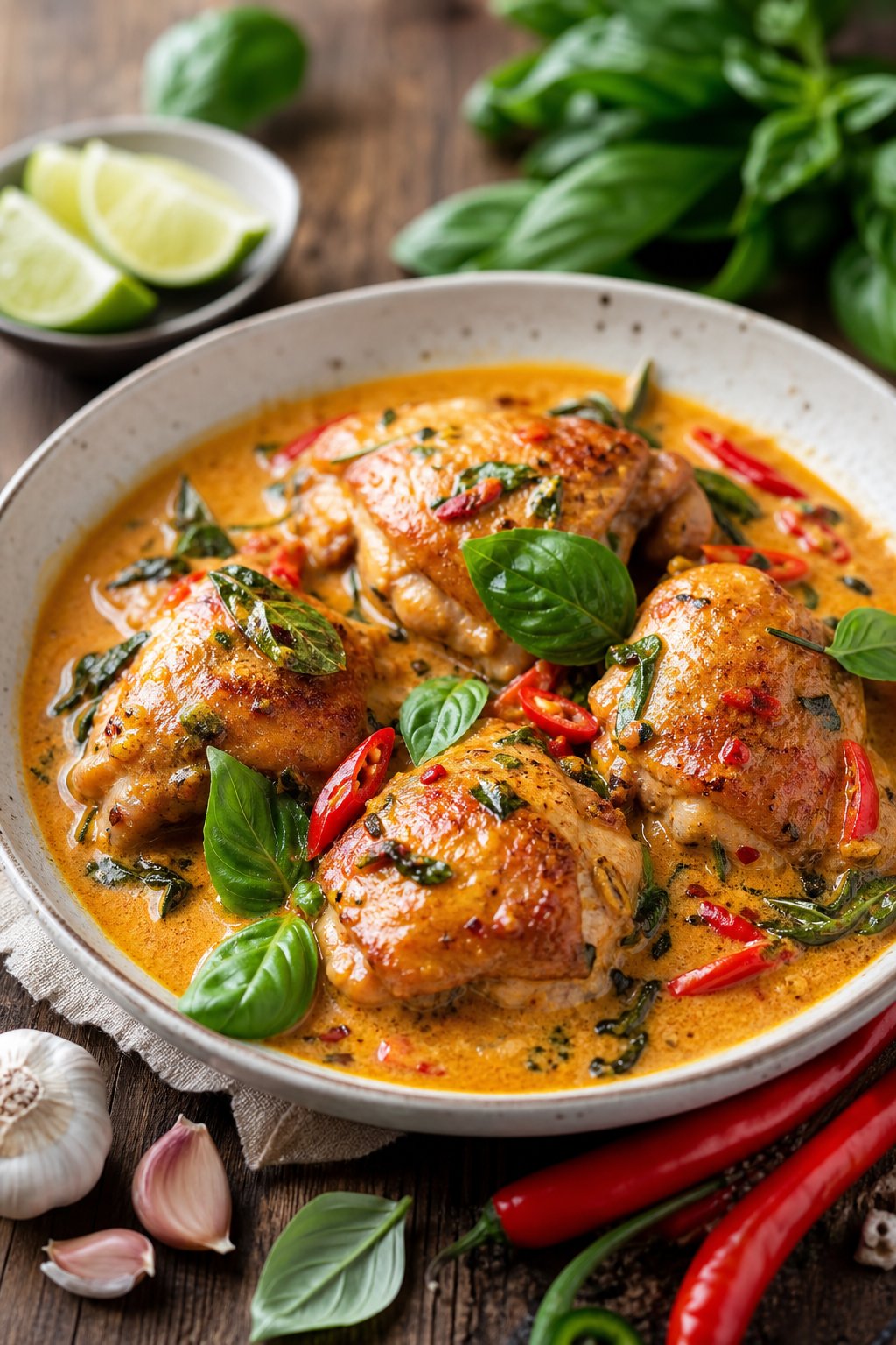 25 Irresistible Chicken Thigh Recipes That Will Make Your Dinner a Hit! 19 A bowl of Thai coconut curry chicken thighs garnished with fresh basil on a wooden table with fresh ingredients around it.