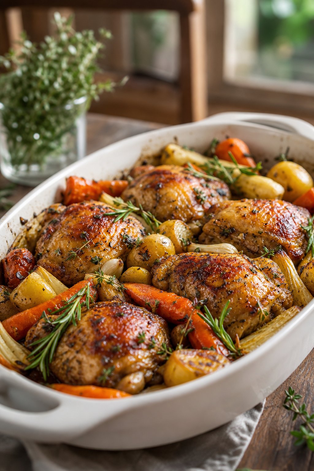 25 Irresistible Chicken Thigh Recipes That Will Make Your Dinner a Hit! 20 A serving dish with herb-roasted chicken thighs and roasted root vegetables on a wooden table.