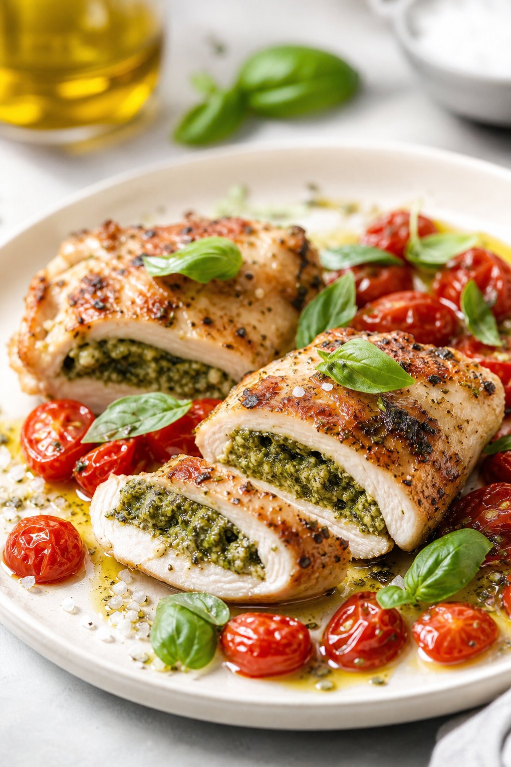 25 Irresistible Chicken Thigh Recipes That Will Make Your Dinner a Hit! 21 A plate of golden brown chicken thighs stuffed with green pesto, garnished with basil leaves and roasted cherry tomatoes on a white plate.