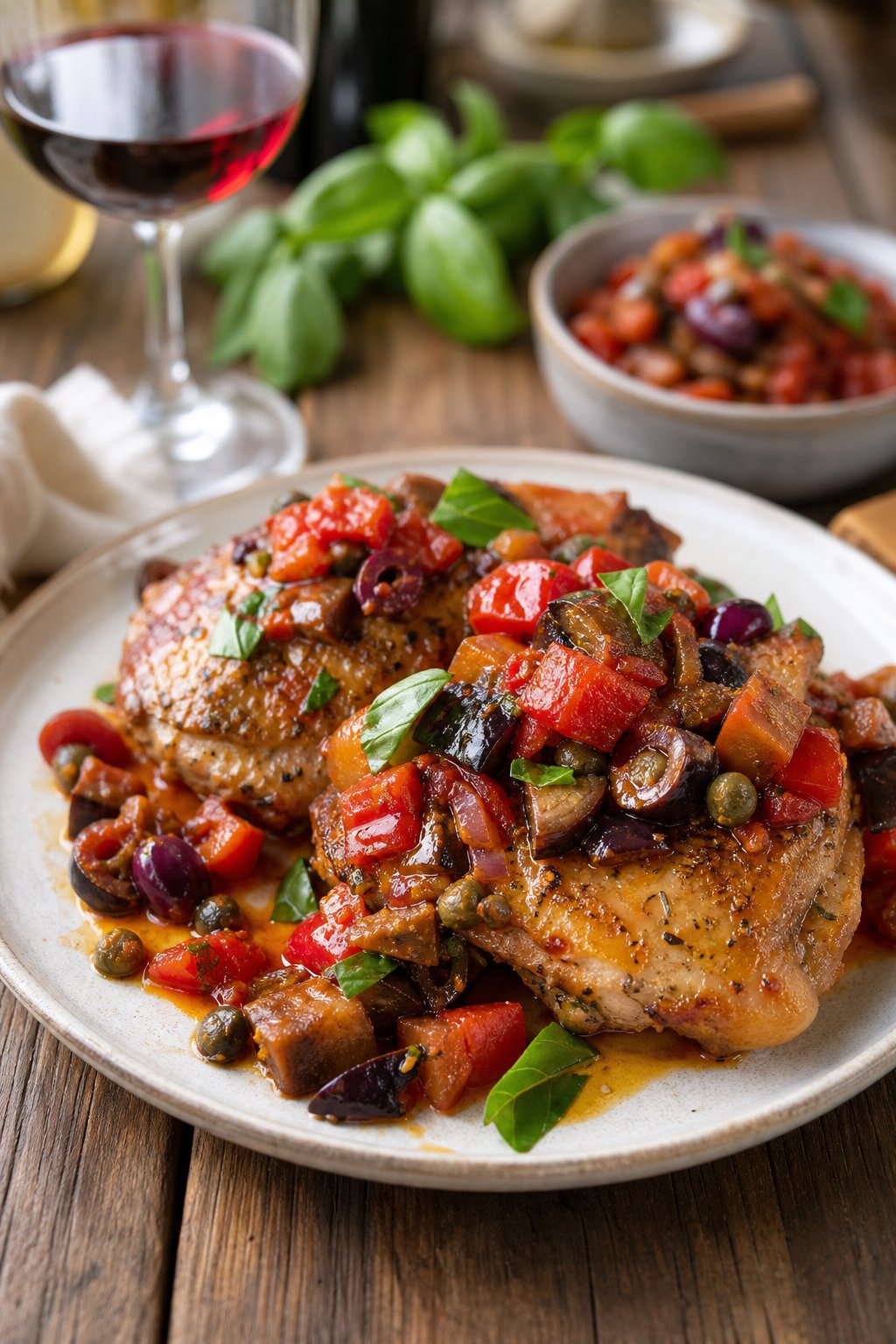 25 Irresistible Chicken Thigh Recipes That Will Make Your Dinner a Hit! 22 A plate of golden chicken thighs topped with colorful Sicilian caponata, placed on a wooden table with fresh herbs and a glass of red wine nearby.