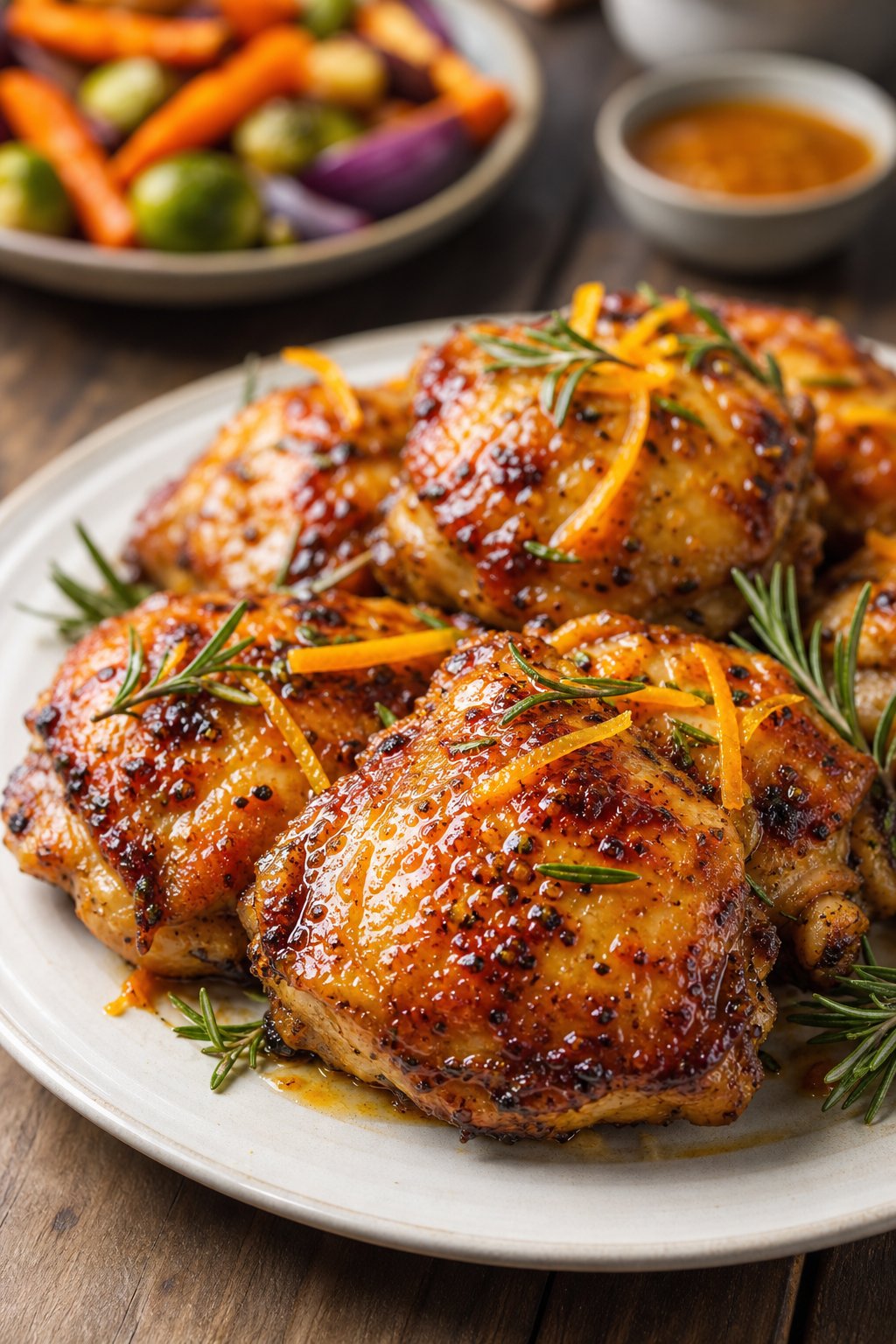 25 Irresistible Chicken Thigh Recipes That Will Make Your Dinner a Hit! 23 A plate of glazed chicken thighs garnished with rosemary and orange slices on a wooden table.