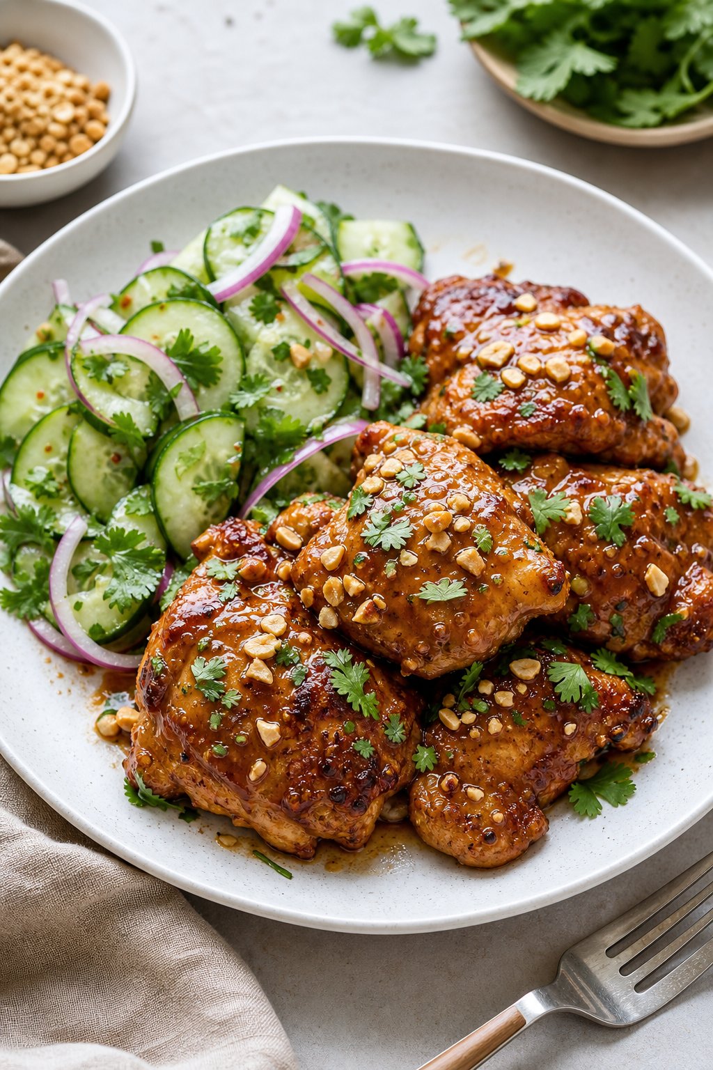 25 Irresistible Chicken Thigh Recipes That Will Make Your Dinner a Hit! 24 A plate of peanut satay chicken thighs served with a fresh cucumber salad.