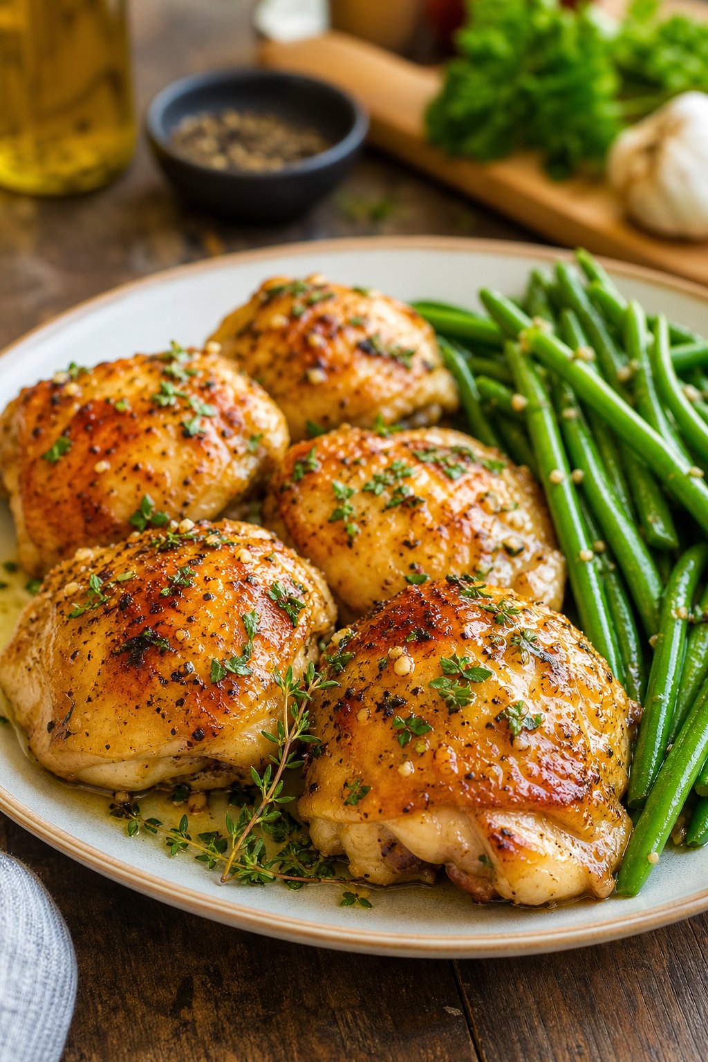25 Irresistible Chicken Thigh Recipes That Will Make Your Dinner a Hit! 25 A plate with garlic butter baked chicken thighs and green beans on a wooden table.