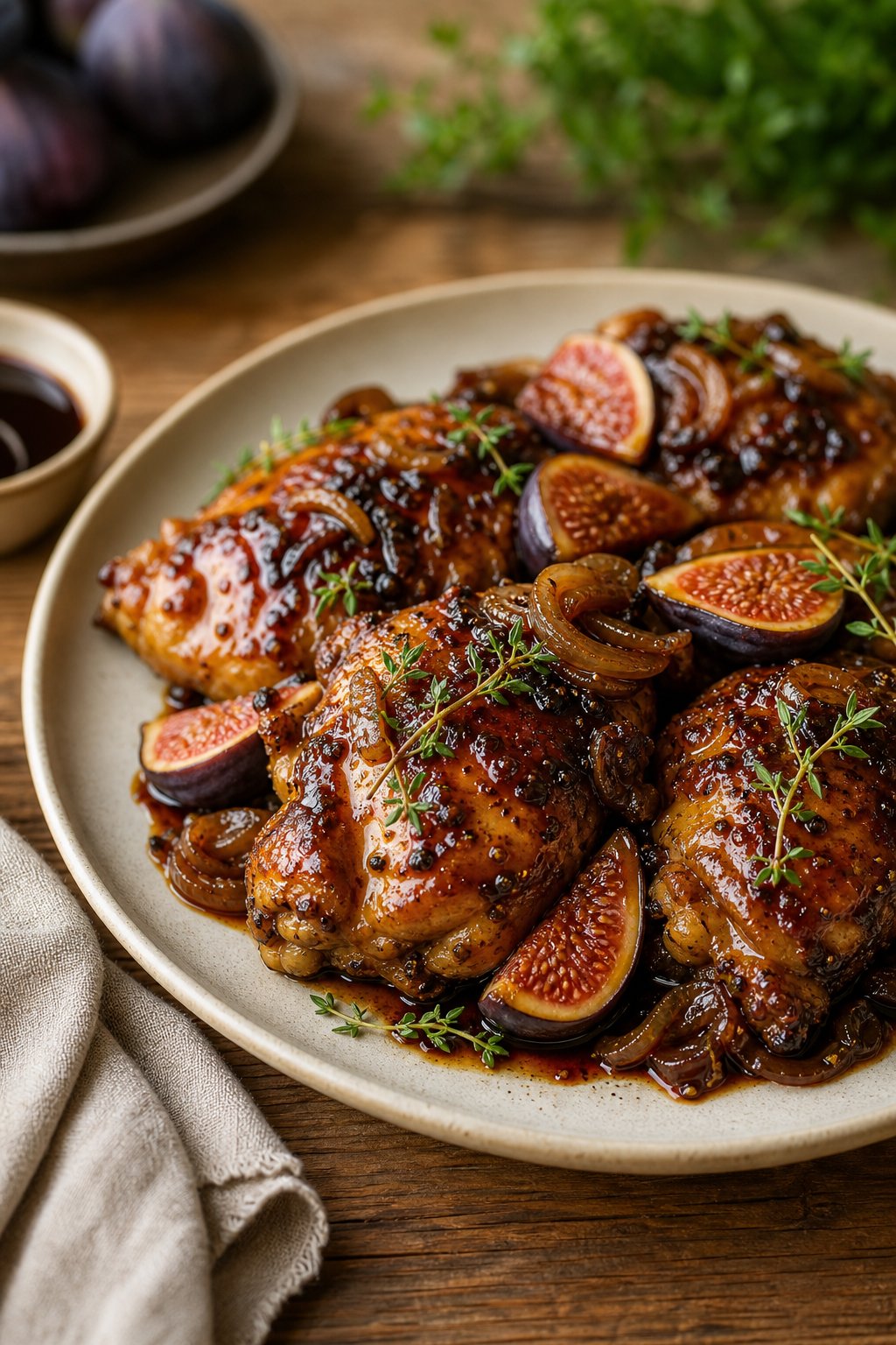25 Irresistible Chicken Thigh Recipes That Will Make Your Dinner a Hit! 26 A plate of balsamic fig and shallot chicken thighs garnished with fresh herbs on a wooden table.