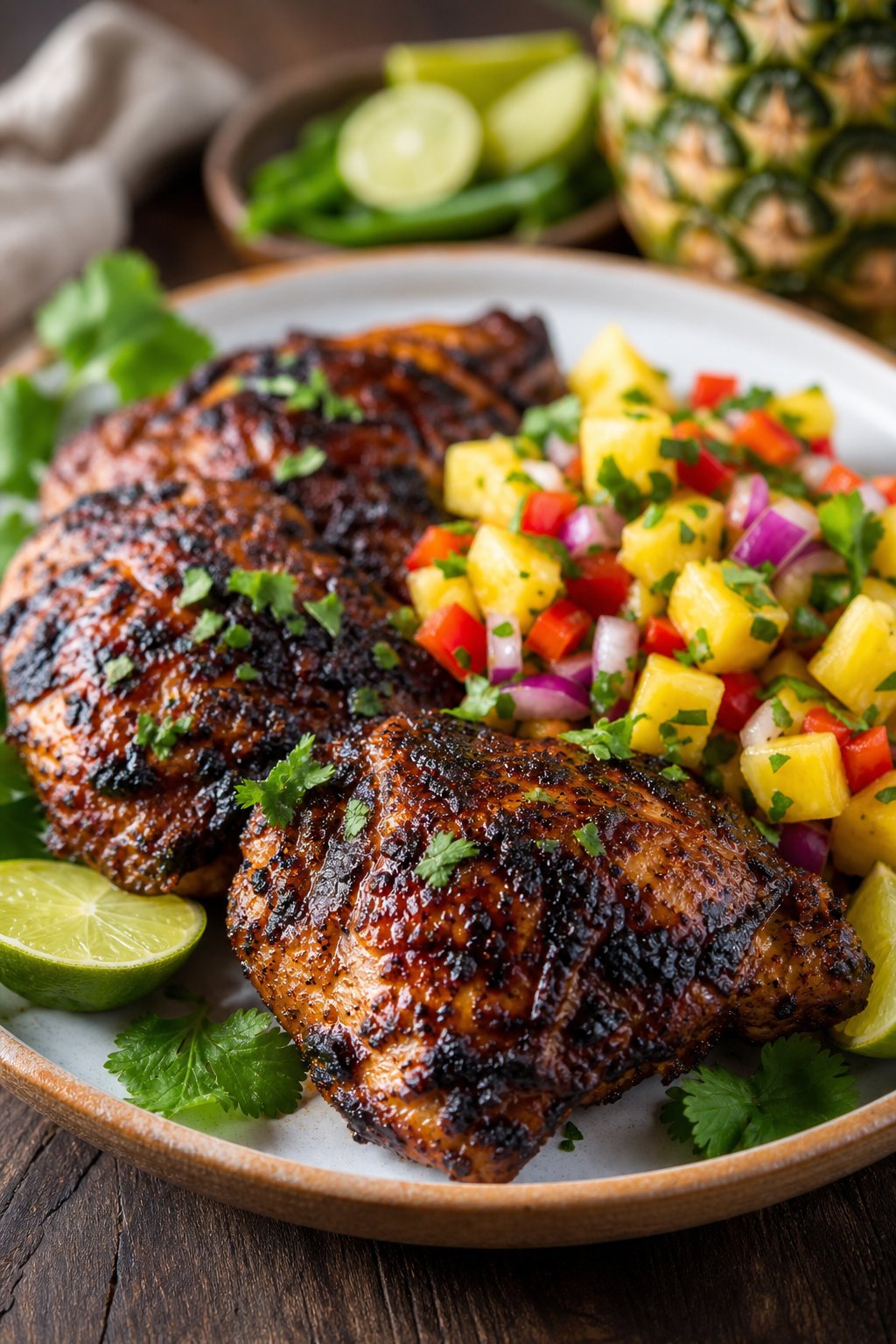 25 Irresistible Chicken Thigh Recipes That Will Make Your Dinner a Hit! 27 A plate of grilled Jamaican jerk chicken thighs served with pineapple salsa and garnished with lime wedges and fresh herbs on a wooden table.