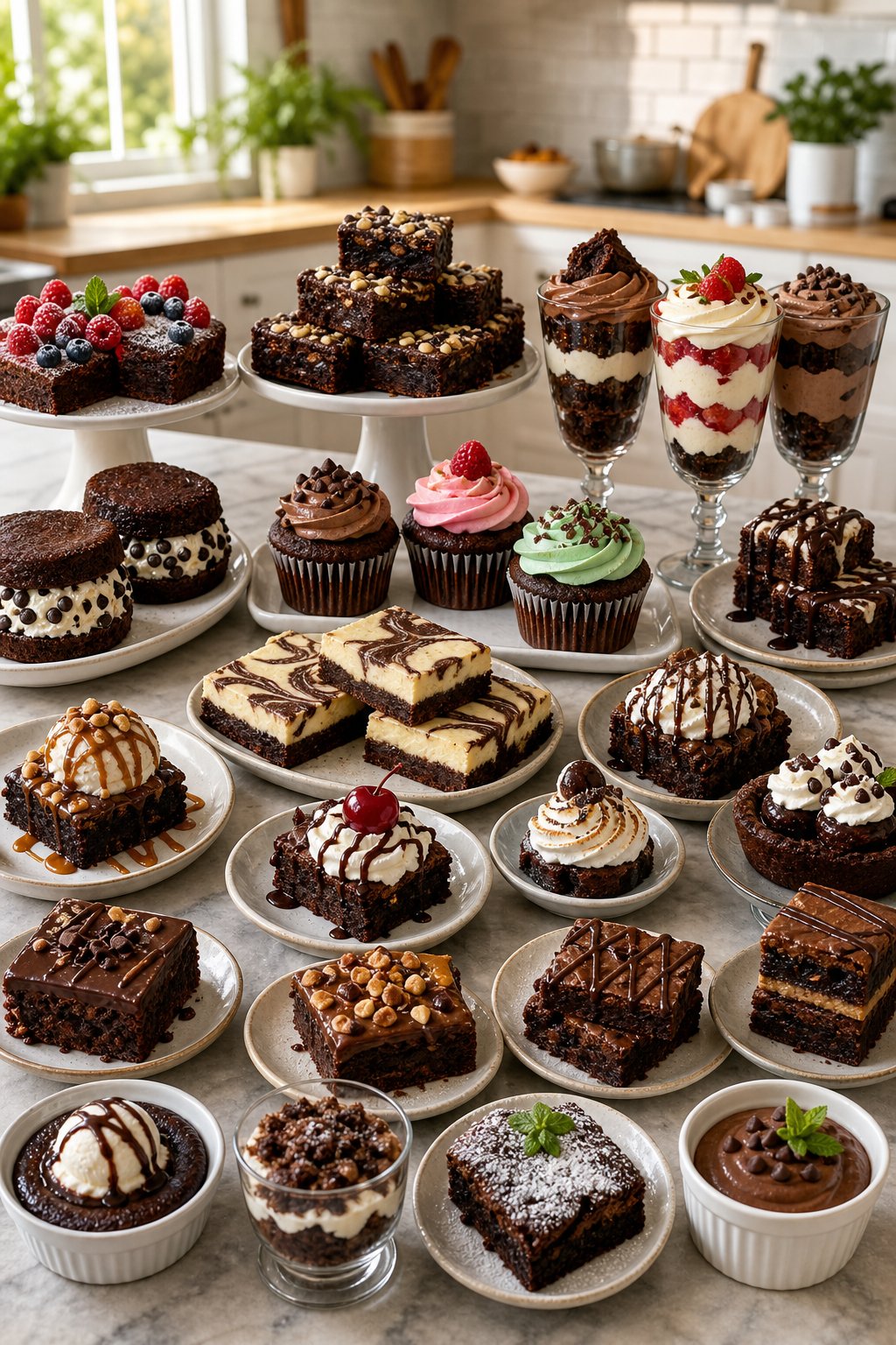 22 Creative Recipes Using Brownie Mix That Will Blow Your Mind 2 A kitchen countertop displaying a variety of creative brownie-based desserts arranged on plates and glassware.