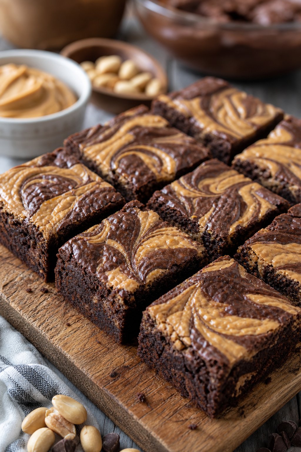 22 Creative Recipes Using Brownie Mix That Will Blow Your Mind 3 Close-up of square brownie bars with peanut butter swirls on a wooden board with baking ingredients in the background.