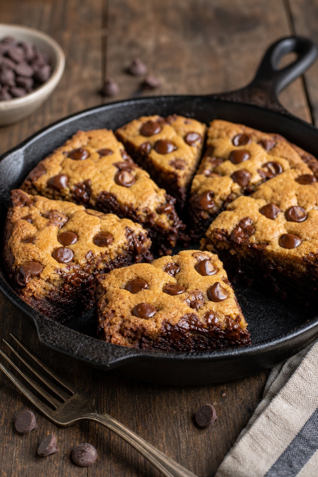 22 Creative Recipes Using Brownie Mix That Will Blow Your Mind 4 A cast iron skillet filled with a freshly baked brookie, cut into squares, showing a brownie base topped with a chocolate chip cookie layer.
