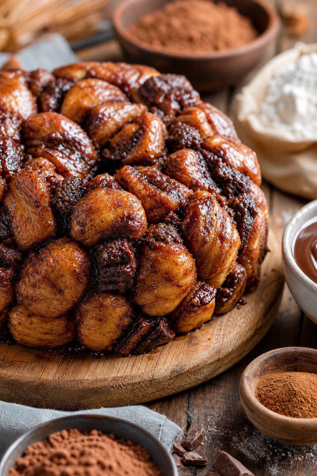 22 Creative Recipes Using Brownie Mix That Will Blow Your Mind 5 A freshly baked monkey bread made with brownie mix and cinnamon rolls on a wooden board, surrounded by baking ingredients.