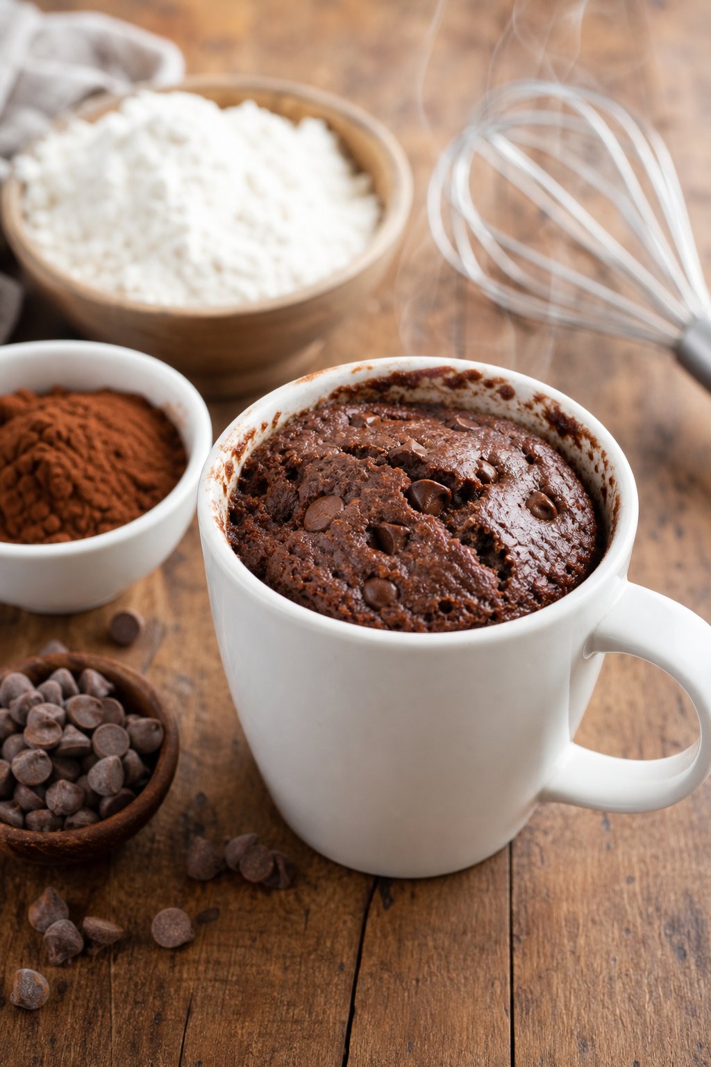 22 Creative Recipes Using Brownie Mix That Will Blow Your Mind 6 A single chocolate brownie mug cake in a white mug on a wooden table with baking ingredients around it.