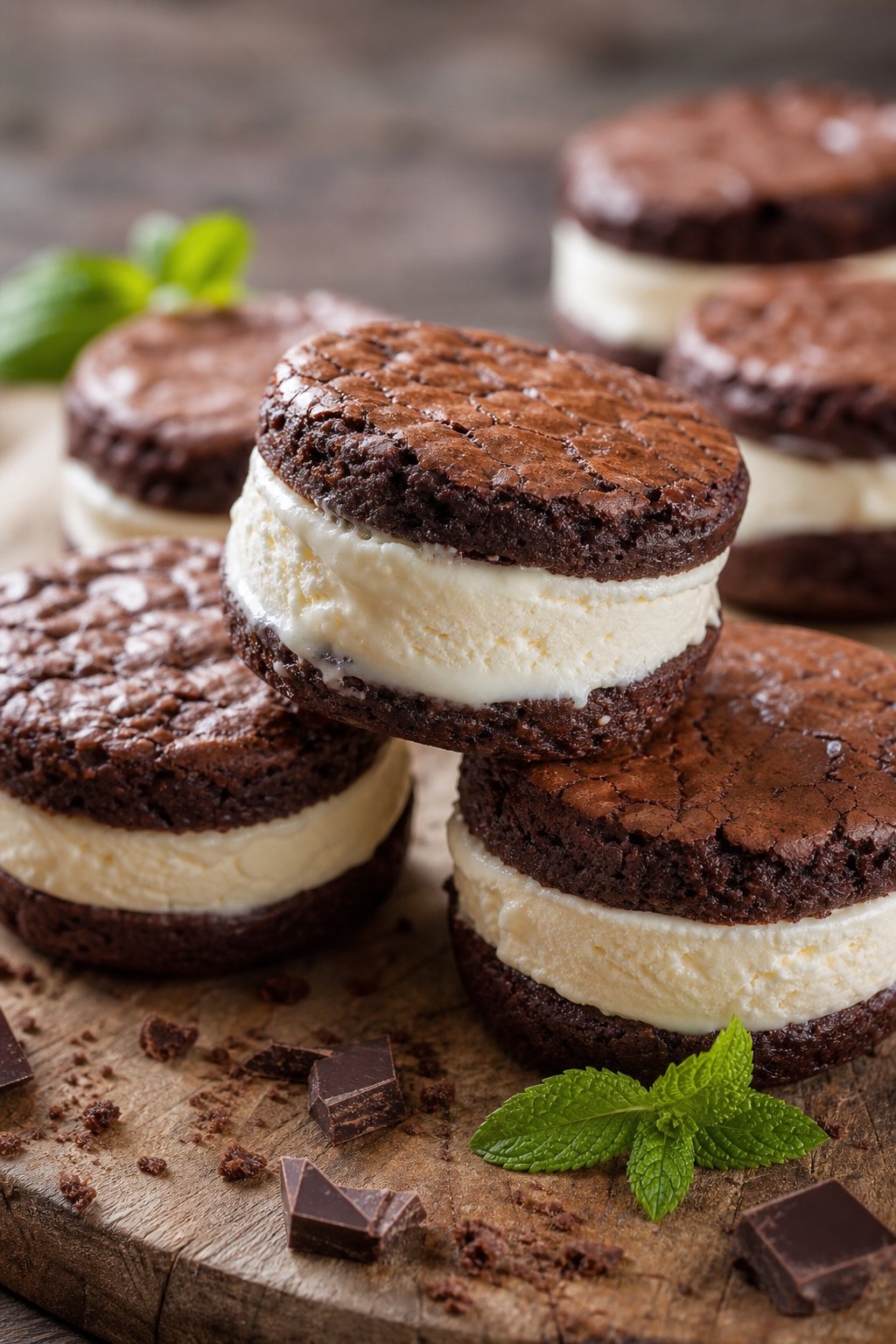 22 Creative Recipes Using Brownie Mix That Will Blow Your Mind 7 Close-up of brownie ice cream sandwich cookies on a wooden board with mint leaves and chocolate chunks nearby.
