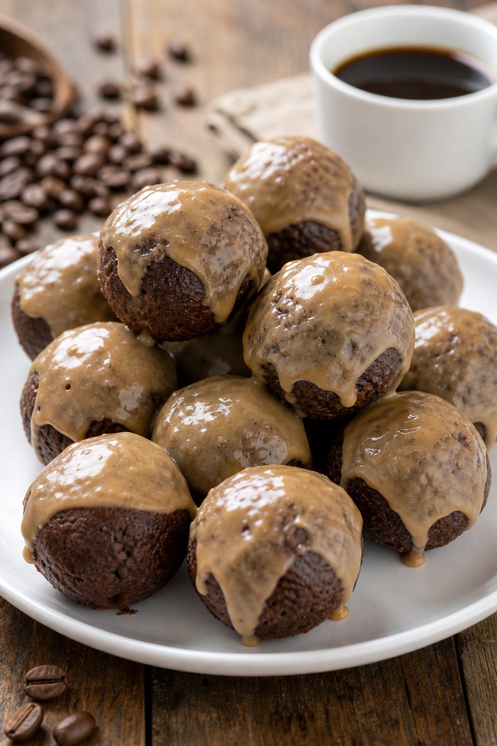 22 Creative Recipes Using Brownie Mix That Will Blow Your Mind 8 Plate of small brownie donut holes glazed with coffee icing on a wooden table with coffee beans and a cup of coffee in the background.