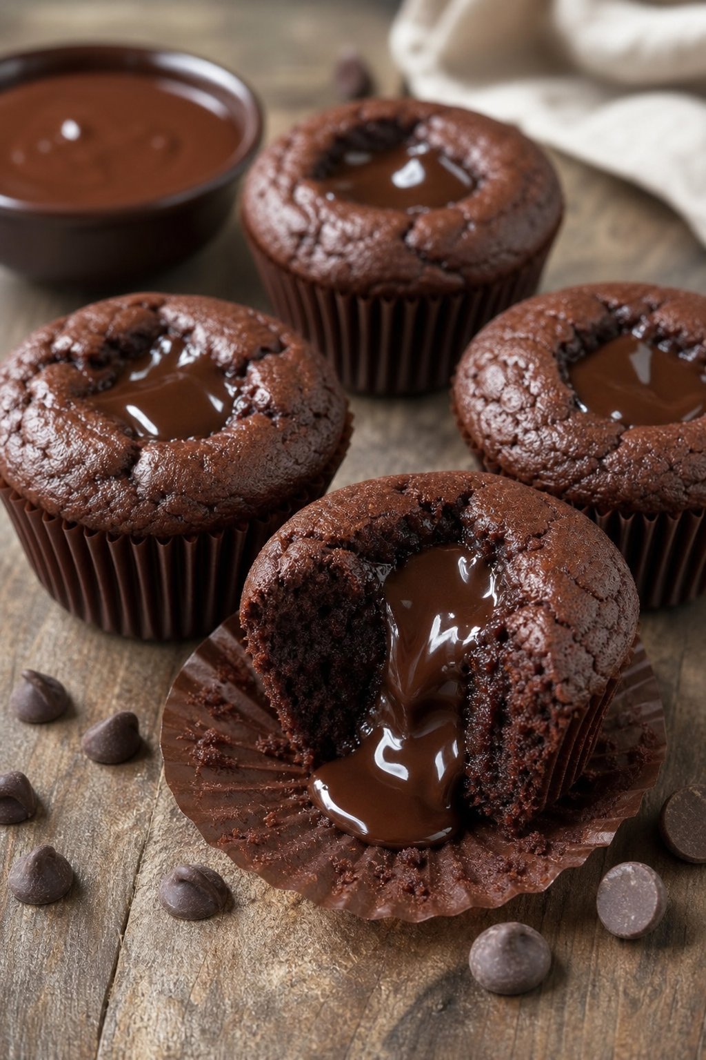 22 Creative Recipes Using Brownie Mix That Will Blow Your Mind 9 Close-up of several brownie lava cupcakes with melted chocolate centers on a wooden surface.