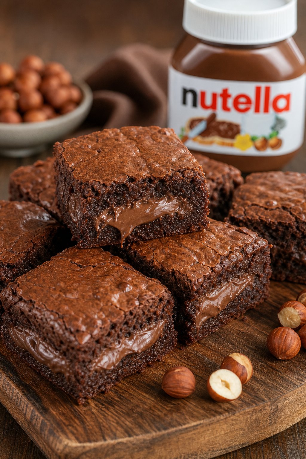 22 Creative Recipes Using Brownie Mix That Will Blow Your Mind 10 Close-up of brownies stuffed with Nutella, cut into squares and arranged on a wooden board with hazelnuts and a jar of Nutella nearby.