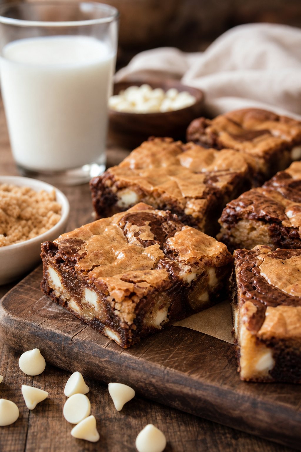 22 Creative Recipes Using Brownie Mix That Will Blow Your Mind 11 Square pieces of brownie-blondie dessert with visible white chocolate chunks and brown sugar on a wooden table, with a bowl of brown sugar and white chocolate chips nearby.