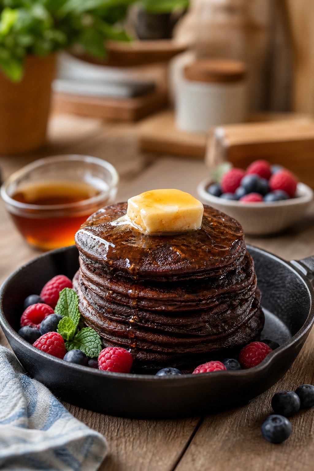 22 Creative Recipes Using Brownie Mix That Will Blow Your Mind 12 A skillet with stacked brownie mix pancakes topped with melting maple butter, surrounded by bowls of maple syrup and fresh berries on a wooden table.