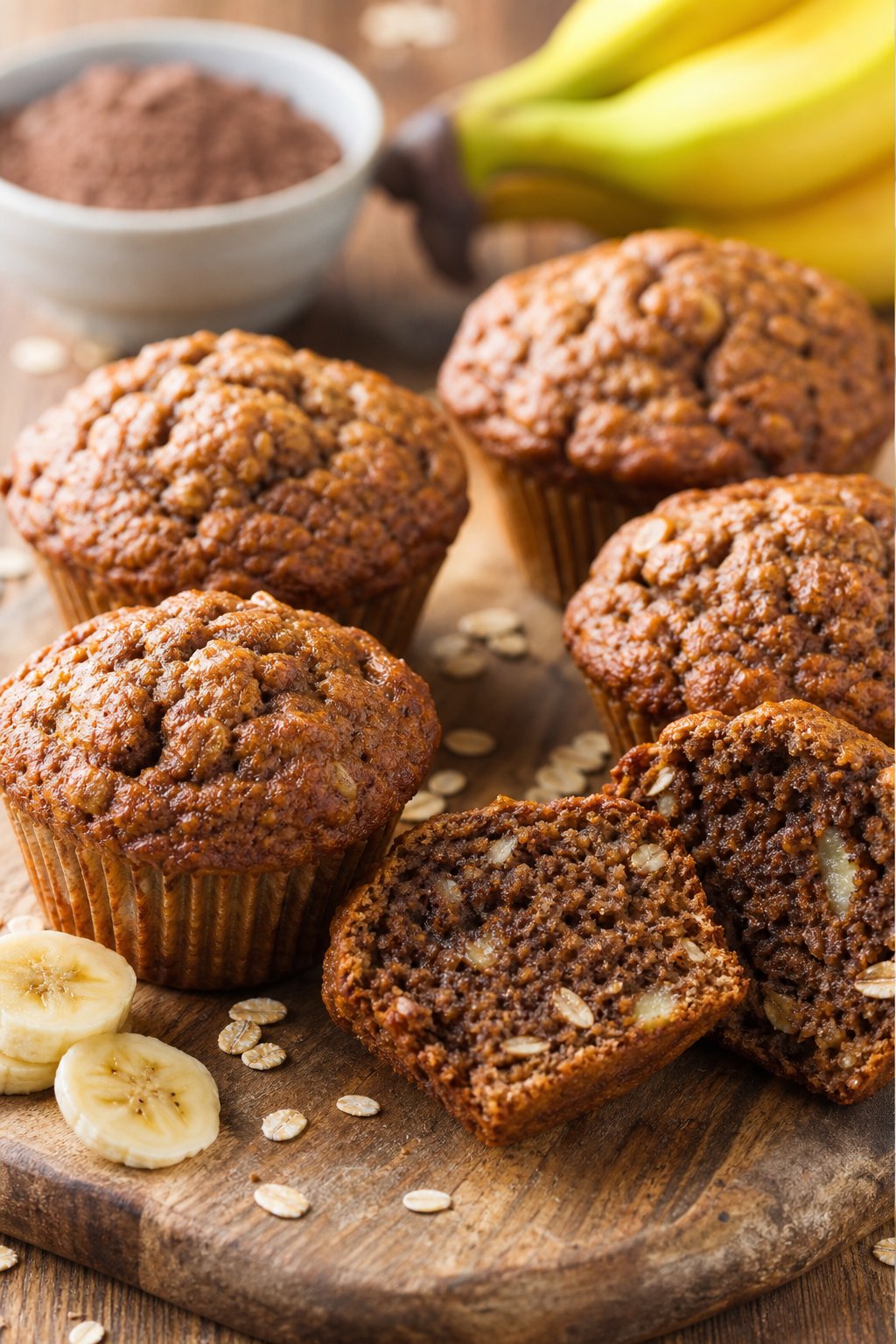 22 Creative Recipes Using Brownie Mix That Will Blow Your Mind 13 Freshly baked breakfast muffins made with brownie mix, oats, and banana arranged on a wooden board with banana slices and oats nearby.