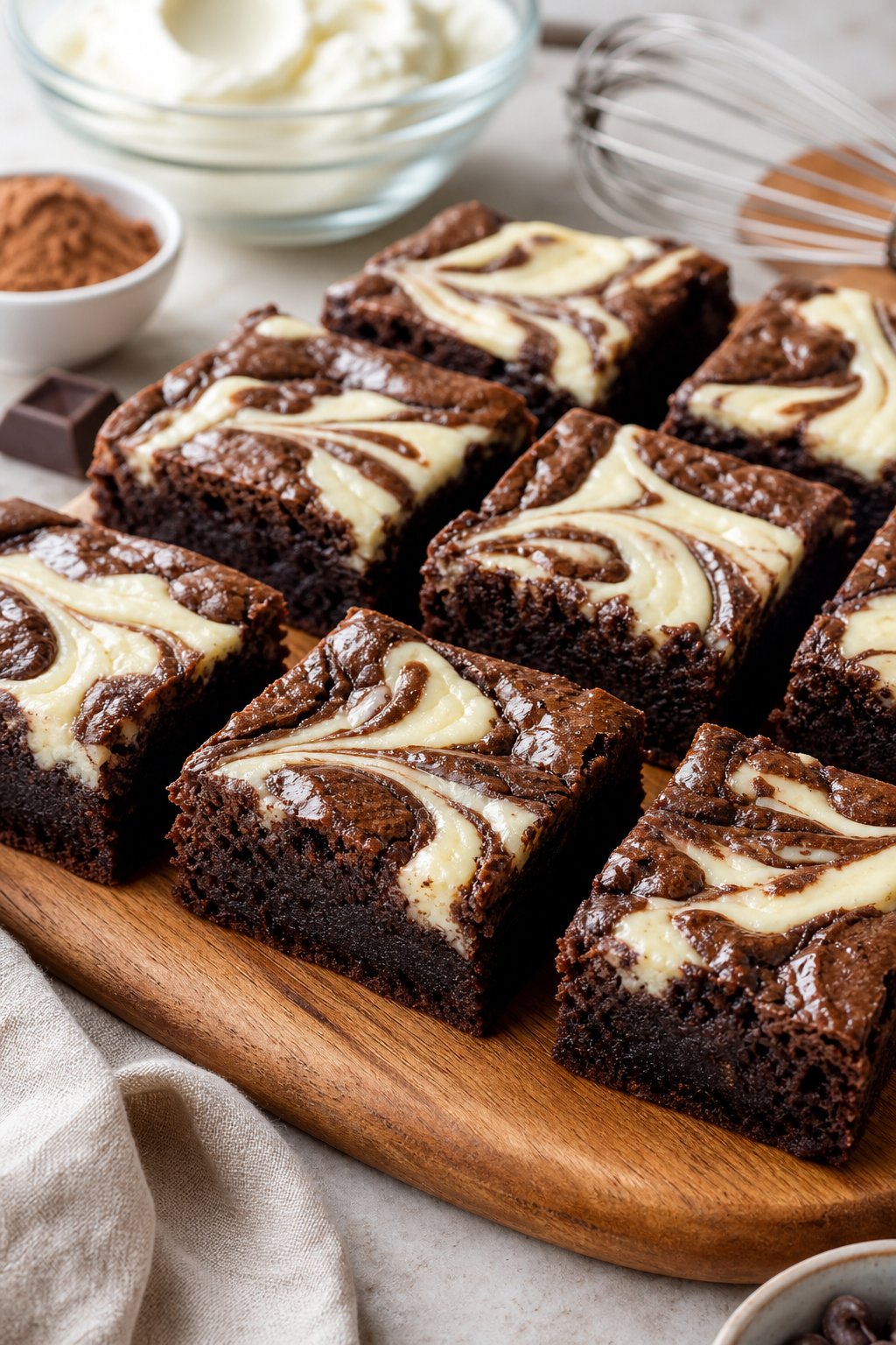 22 Creative Recipes Using Brownie Mix That Will Blow Your Mind 14 Close-up of brownie cheesecake swirl bars on a wooden board with baking ingredients in the background.