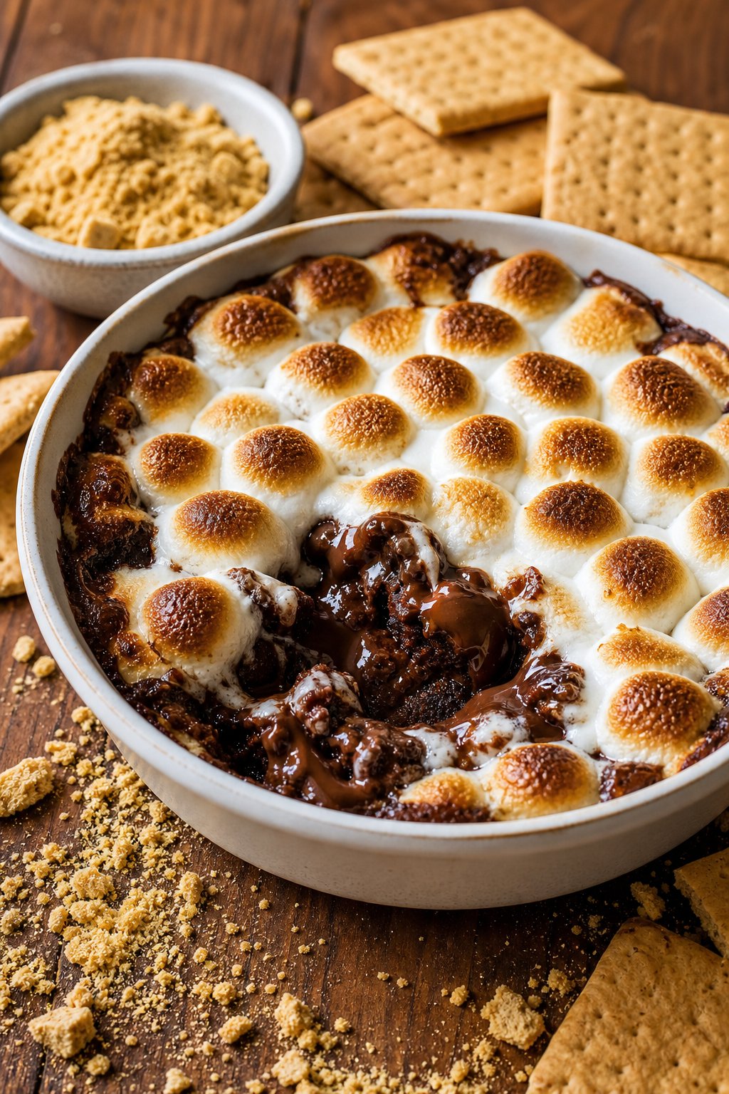 22 Creative Recipes Using Brownie Mix That Will Blow Your Mind 15 A bowl of gooey brownie s'mores dip topped with toasted marshmallows, surrounded by graham cracker crumbs and whole graham crackers on a wooden table.