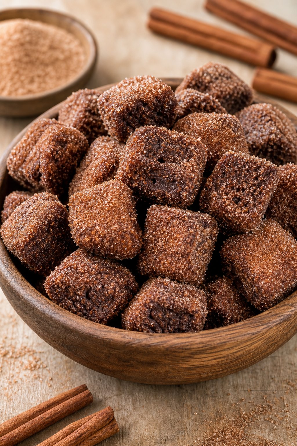 22 Creative Recipes Using Brownie Mix That Will Blow Your Mind 16 A bowl of cinnamon sugar coated brownie mix churro bites on a wooden surface with cinnamon sticks and sugar nearby.