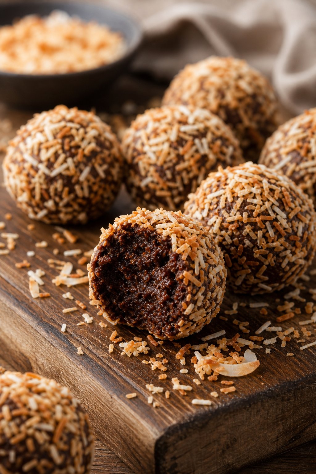 22 Creative Recipes Using Brownie Mix That Will Blow Your Mind 17 Close-up of chocolate brownie truffles rolled in toasted coconut arranged on a wooden board.