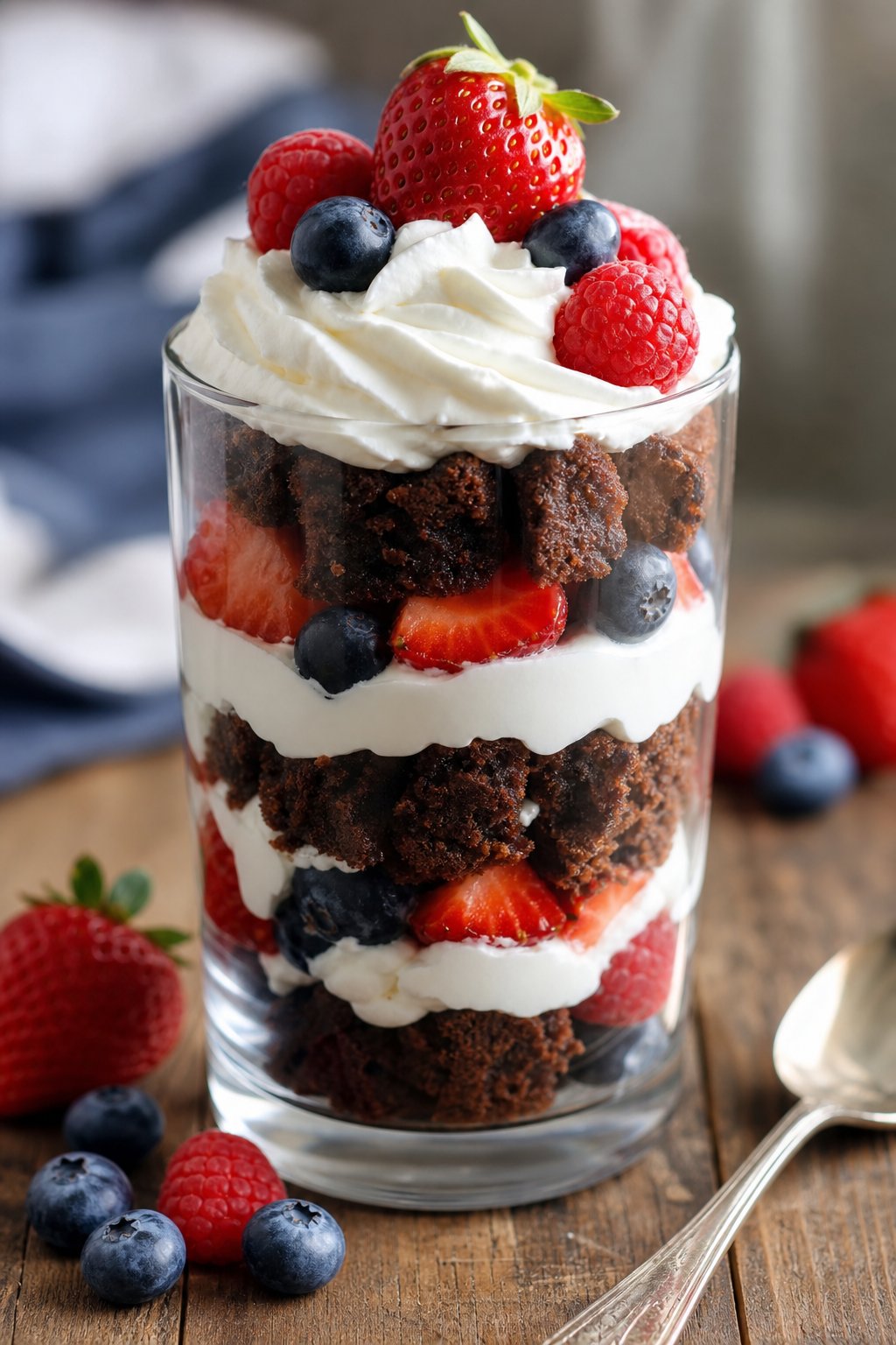 22 Creative Recipes Using Brownie Mix That Will Blow Your Mind 18 A clear glass parfait layered with brownie pieces, whipped cream, and mixed fresh berries on a wooden table.