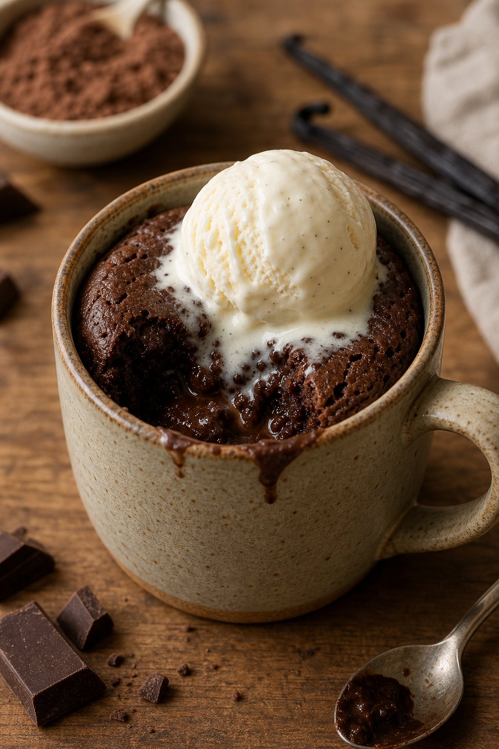 22 Creative Recipes Using Brownie Mix That Will Blow Your Mind 19 A mug filled with molten brownie topped with melting vanilla bean ice cream on a wooden table.